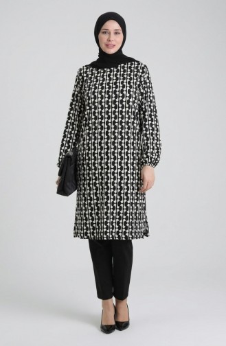 Digitally Printed Slit Detailed Tunic 1005A-01 Black And White 1005A-01