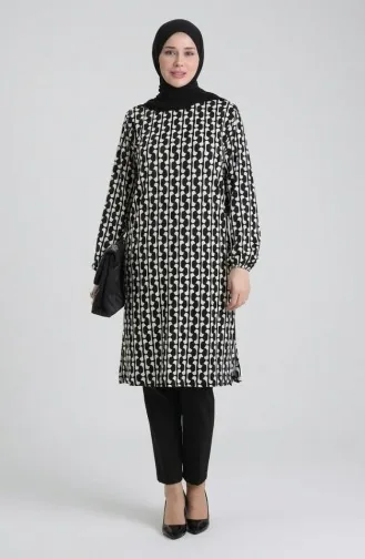 تونيك بتفاصيل شق مطبوعة رقميًا 1005A-01 باللونين الأسود والأبيض 1005A-01