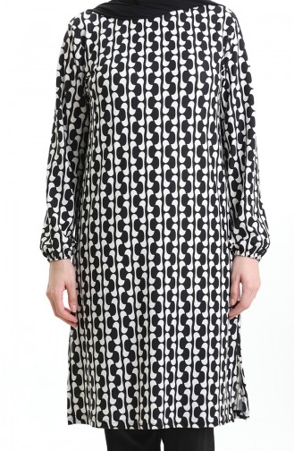 Digitally Printed Slit Detailed Tunic 1005A-01 Black And White 1005A-01