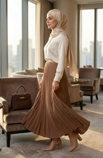 Elastic Waist Pleated Skirt 0213-07 Caramel 0213-07