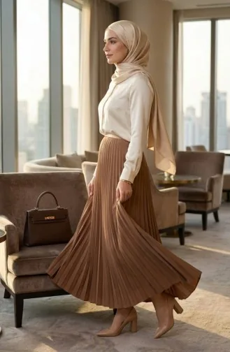 تنورة بخصر مطاطي وكسرات 0213-07 لون الكراميل 0213-07