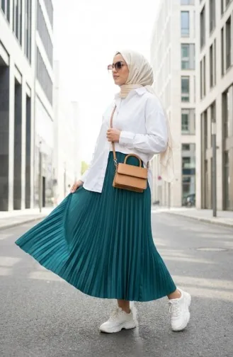 Geplooide Rok Met Elastische Tailleband 0213-09 Petrol 0213-09