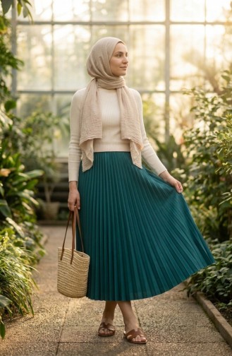 Jupe Plissée à Taille élastique 0213-09 Pétrole 0213-09