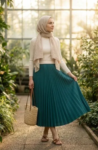 Geplooide Rok Met Elastische Tailleband 0213-09 Petrol 0213-09