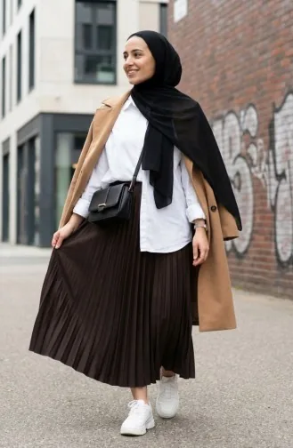 Beli Lastikli Piliseli Etek 0213-15 Kahverengi