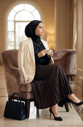 Beli Lastikli Piliseli Etek 0213-15 Kahverengi