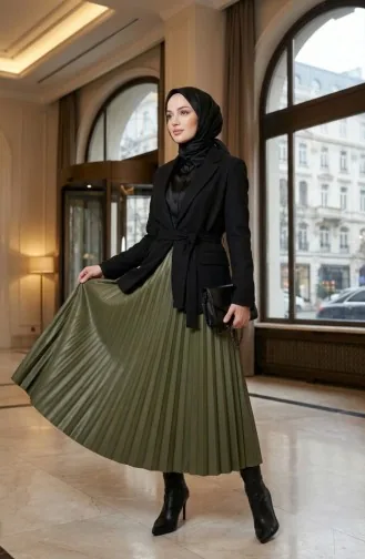 Elastic Waist Pleated Skirt 0213-16 Khaki 0213-16