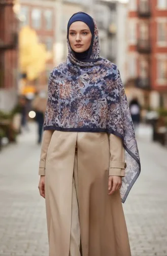 وشاح كهرماني بنقشة زهور 70357-03 أزرق داكن 70357-03