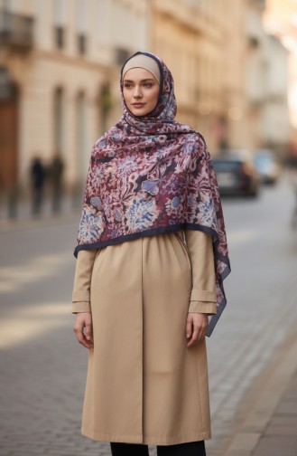 Amberkleurige Sjaal Met Bloemenpatroon 70357-04 Marineblauw En Pruim 70357-04