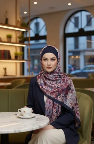 وشاح كهرماني بنقشة زهور 70357-04 أزرق داكن وأرجواني 70357-04