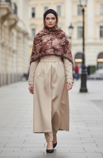 Çiçek Desenli Kehribar Şal 70357-12 Kahverengi