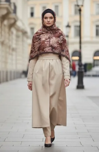 وشاح بني بنقشة زهور من العنبر 70357-12 70357-12