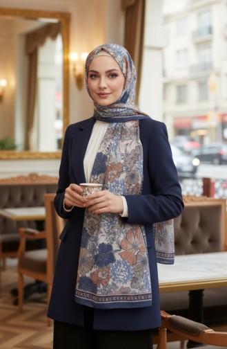 Çiçek Desenli Kehribar Şal 70358-04 Kot Mavi