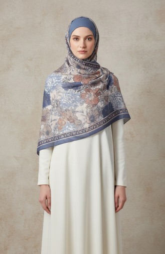 Çiçek Desenli Kehribar Şal 70358-04 Kot Mavi