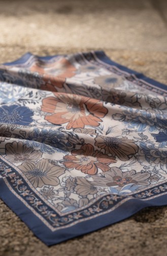 Çiçek Desenli Kehribar Şal 70358-04 Kot Mavi