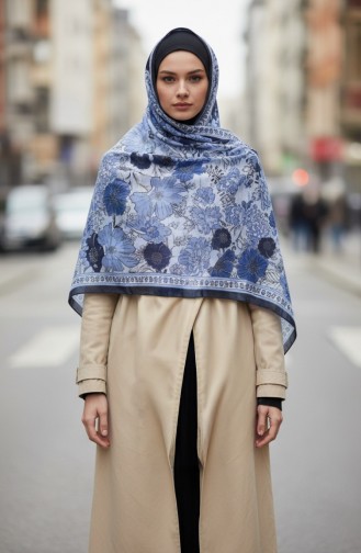 Çiçek Desenli Kehribar Şal 70358-05 Lacivert