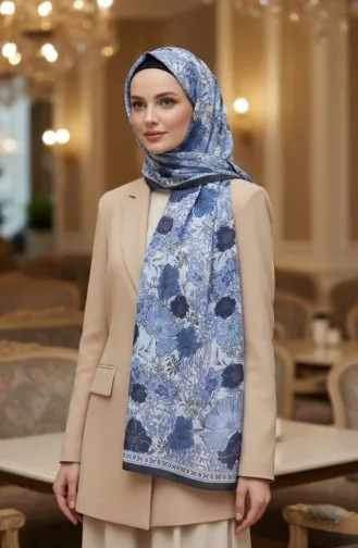 وشاح كهرماني بنقشة زهور 70358-05 أزرق داكن 70358-05