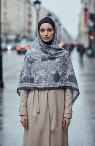 Amberkleurige Sjaal Met Bloemenpatroon 70358-06 Zwart Grijs 70358-06