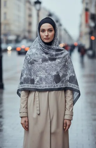وشاح بلون العنبر بنقشة زهور 70358-06 أسود رمادي 70358-06
