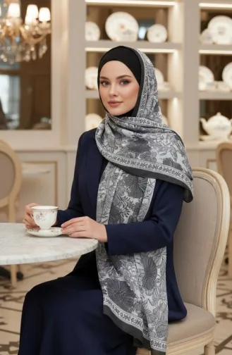 وشاح بلون العنبر بنقشة زهور 70358-06 أسود رمادي 70358-06