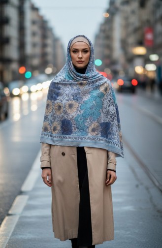 Çiçek Desenli Kehribar Şal 70358-07 Buz Mavisi