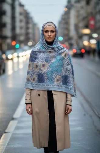 Floral Patterned Amber Scarf 70358-07 Ice Blue 70358-07