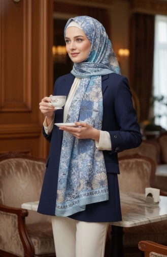 Çiçek Desenli Kehribar Şal 70358-07 Buz Mavisi