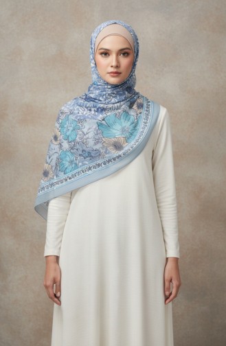 Çiçek Desenli Kehribar Şal 70358-07 Buz Mavisi