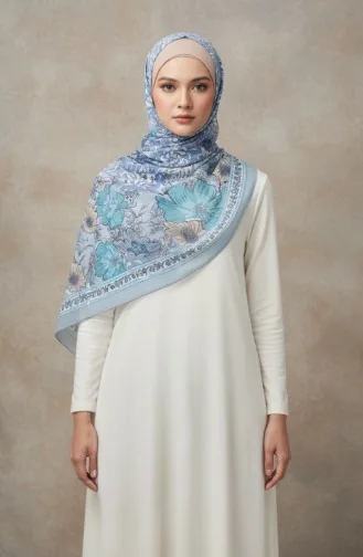 Floral Patterned Amber Scarf 70358-07 Ice Blue 70358-07