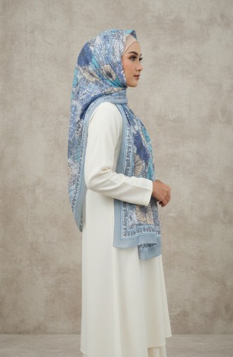 Çiçek Desenli Kehribar Şal 70358-07 Buz Mavisi