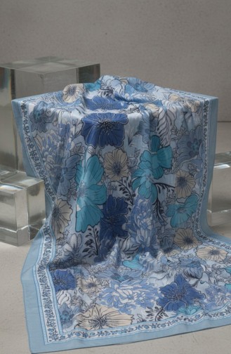 Çiçek Desenli Kehribar Şal 70358-07 Buz Mavisi