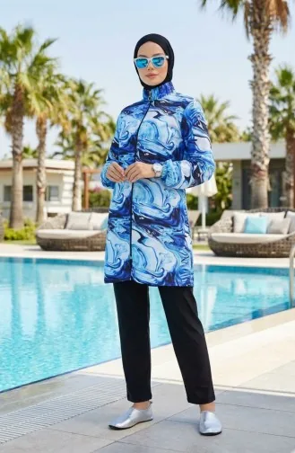 Tesettür Mayo Dalga Desen 3 Lü Takım 1903-03 Açık Lacivert