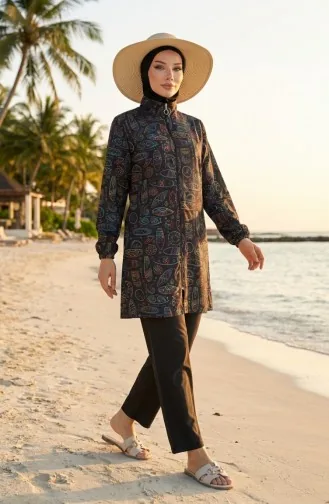 Tesettür Mayo Kleopatra Desen 3 Lü Takım 1903-08 Siyah Sarı