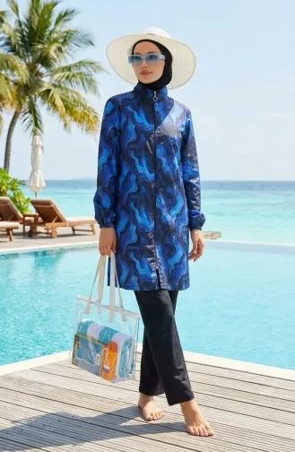 Tesettür Mayo Okyanus Desen 3 Lü Takım 1903-10 Lacivert Siyah 1903-10