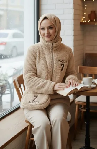 Veste En Peluche Avec Sac Zippé 6338-02 Vison 6338-02