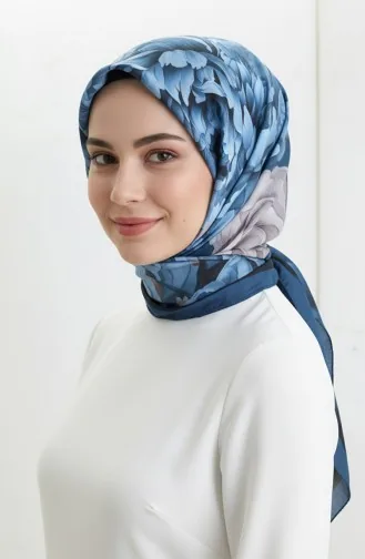 Floral Patterned Scarf 1014-02 Navy Blue 1014-02