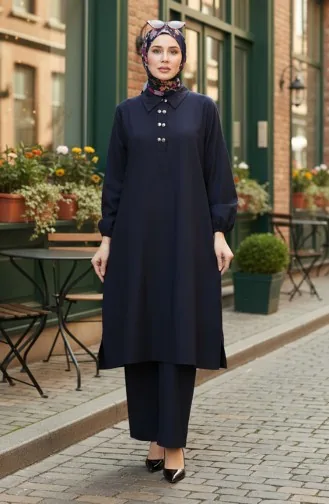 Shirt Collar Tunic Trousers Two Piece Suit 0123-05 Navy Blue 0123-05