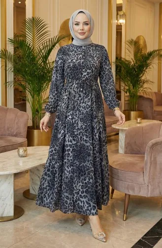 Tunneled Waist Leopard Dress 7130-01 Gray 7130-01