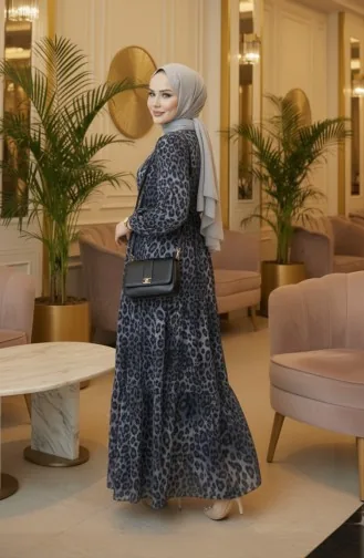 Tunneled Waist Leopard Dress 7130-01 Gray 7130-01