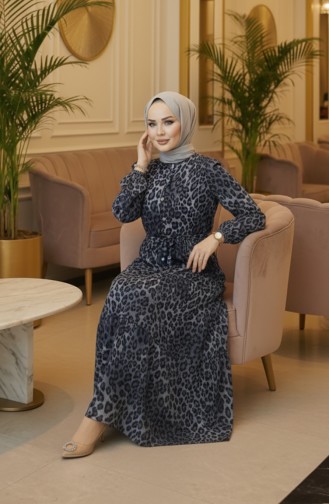 Beli Tünelli Leopar Elbise 7130-01 Gri