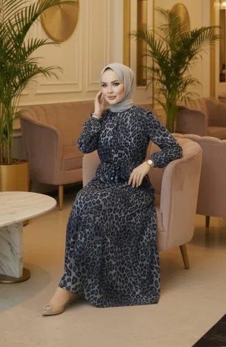 Tunneled Waist Leopard Dress 7130-01 Gray 7130-01