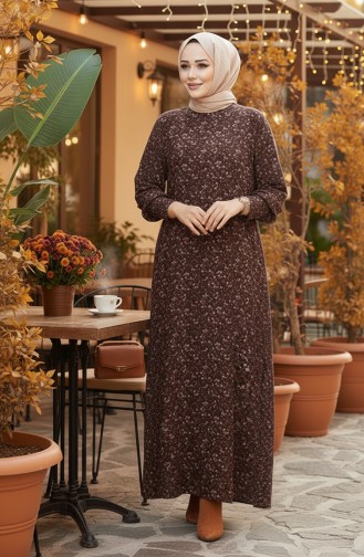 فستان كريب منقوش 7137-01 بني 7137-01