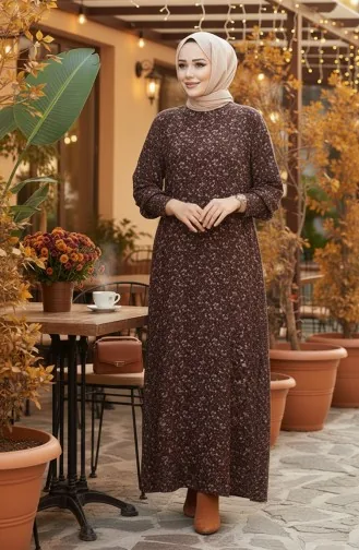 فستان كريب منقوش 7137-01 بني 7137-01