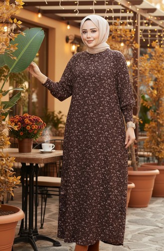 فستان كريب منقوش 7137-01 بني 7137-01