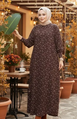 فستان كريب منقوش 7137-01 بني 7137-01