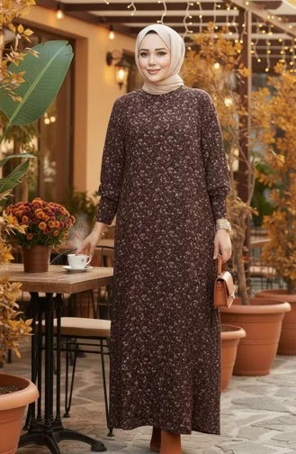 فستان كريب منقوش 7137-01 بني 7137-01