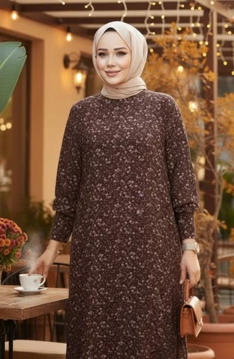 فستان كريب منقوش 7137-01 بني 7137-01