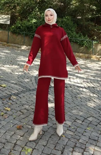 Gebreid Tuniek Met Ritskraag Broek Tweedelig Pak 1061-01 Bordeauxrood 1061-01