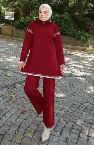 Gebreid Tuniek Met Ritskraag Broek Tweedelig Pak 1061-01 Bordeauxrood 1061-01