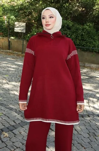 Gebreid Tuniek Met Ritskraag Broek Tweedelig Pak 1061-01 Bordeauxrood 1061-01